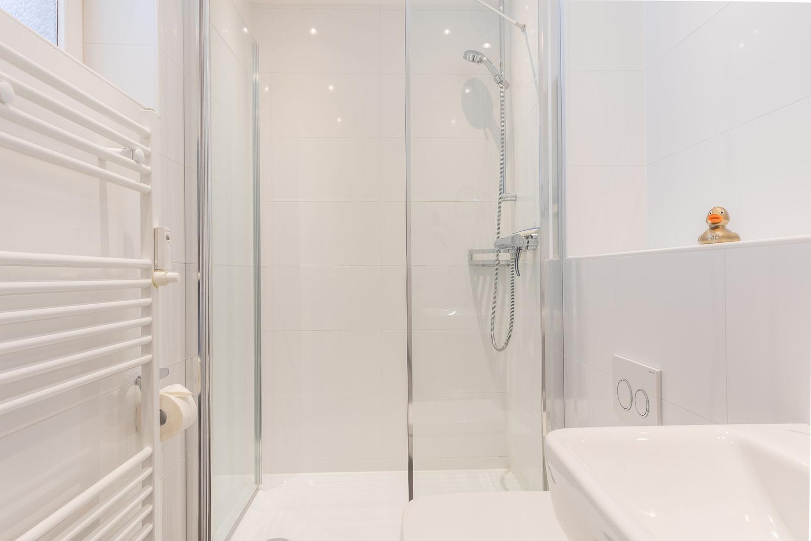 Dusche mit Glaswand, Handdusche und Toilette. Auf dem Waschbecken sitzt eine goldene Ente.