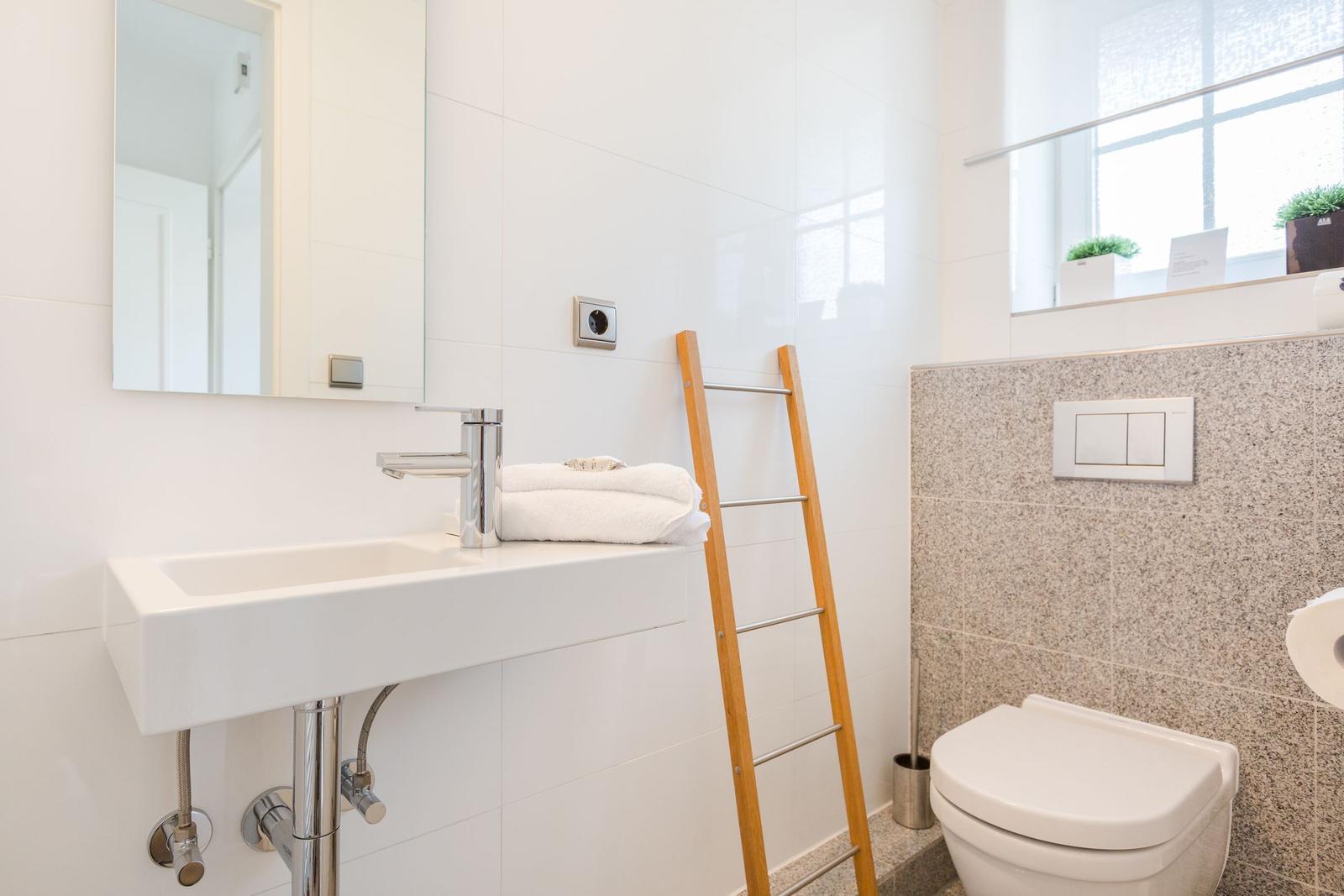 Bathroom with sink, mirror, toilet, and wooden towel rack.