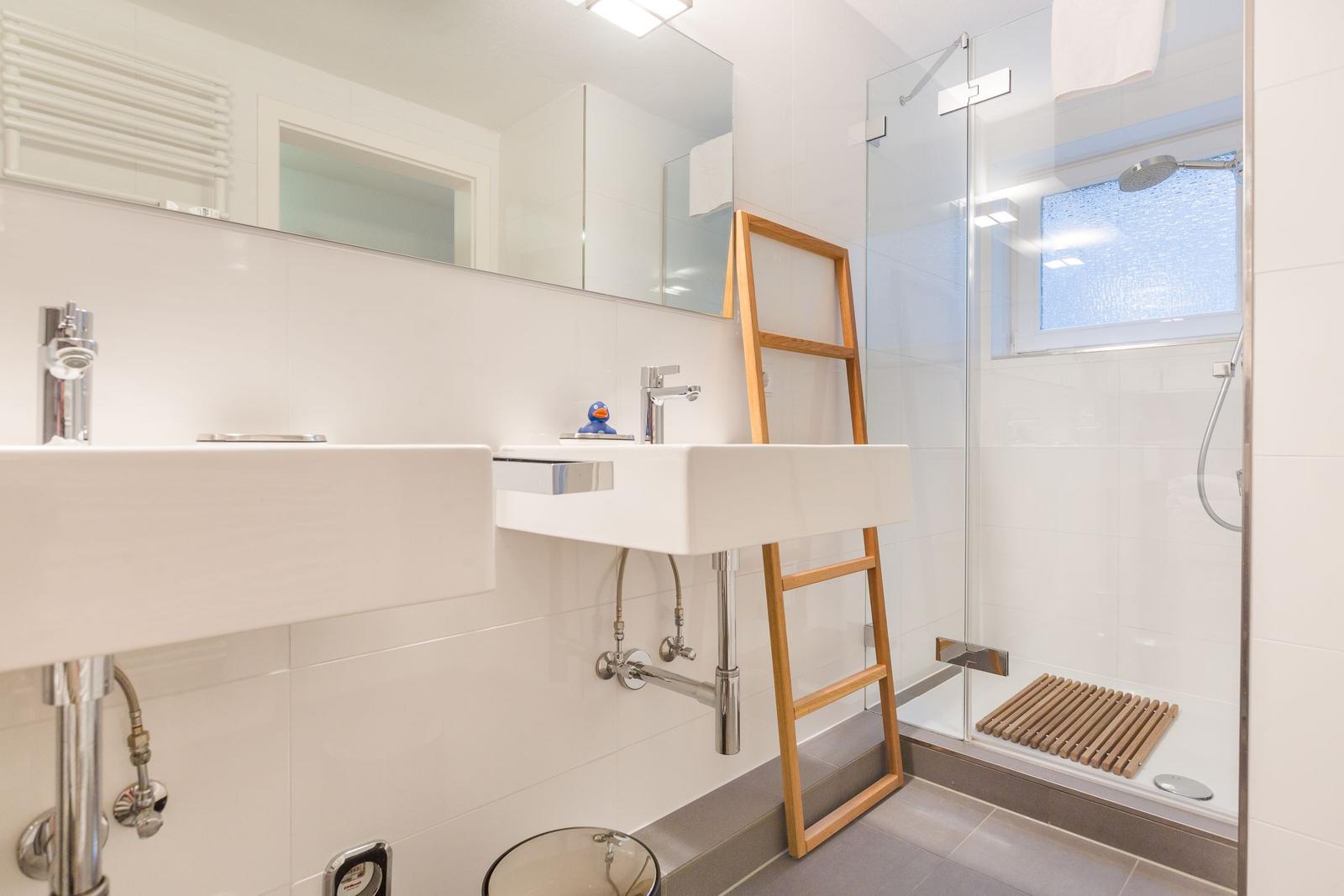 Bathroom with shower, sink, and wooden ladder.