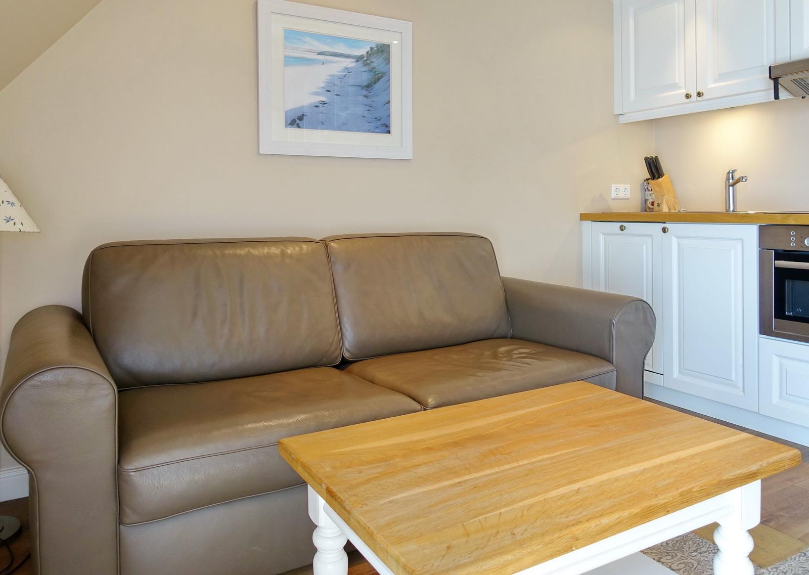 Leather sofa and wooden table in living area with kitchenette