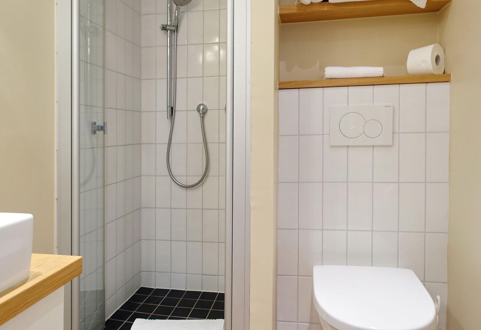 Shower with glass door, toilet, and sink with wooden countertop.