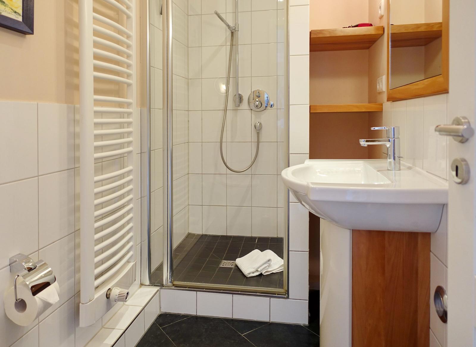 Badezimmer mit Dusche, Waschbecken und Heizkörper