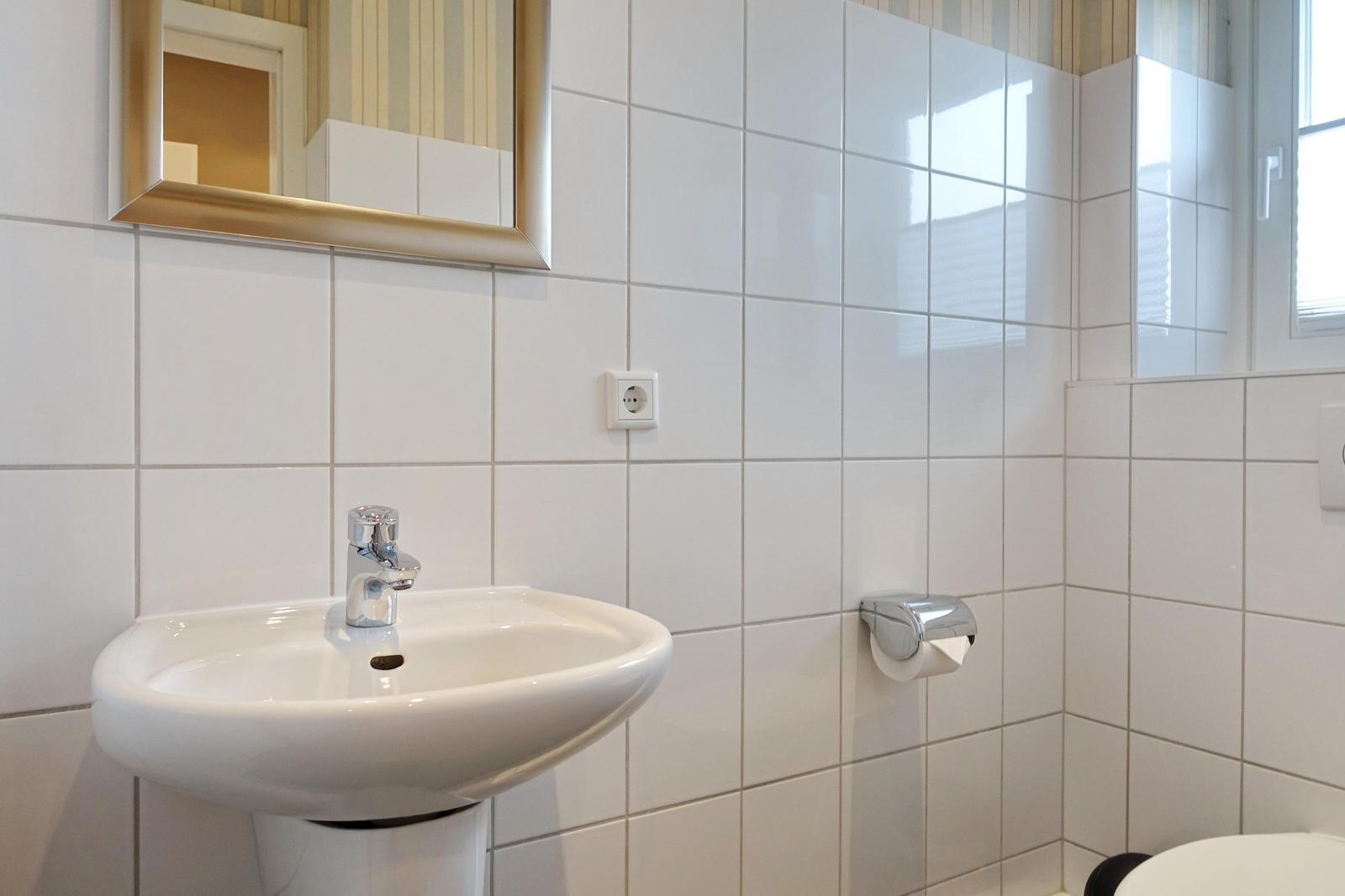 Bathroom with sink, mirror, and toilet paper holder.