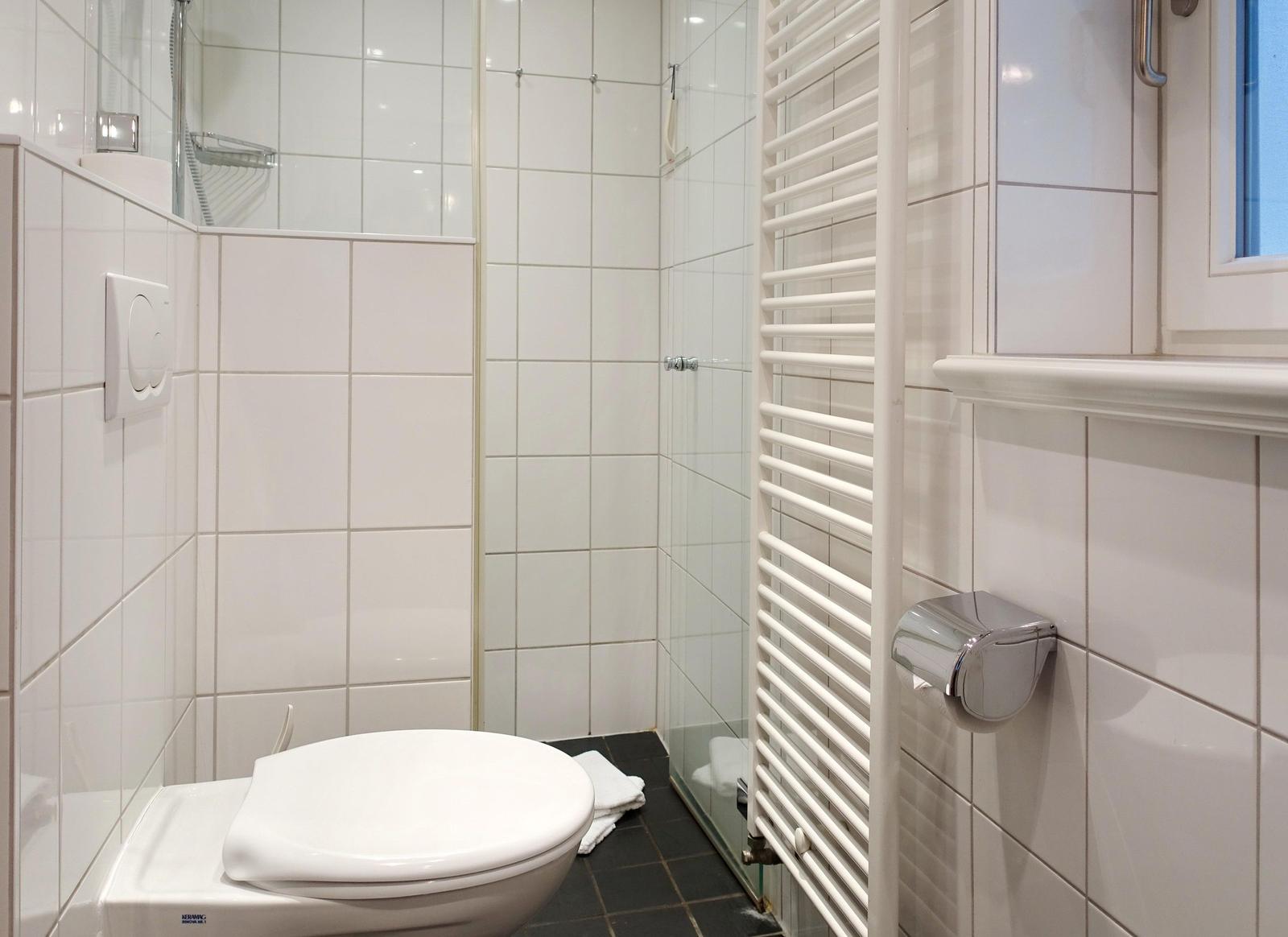 Bathroom with toilet, shower, and heater