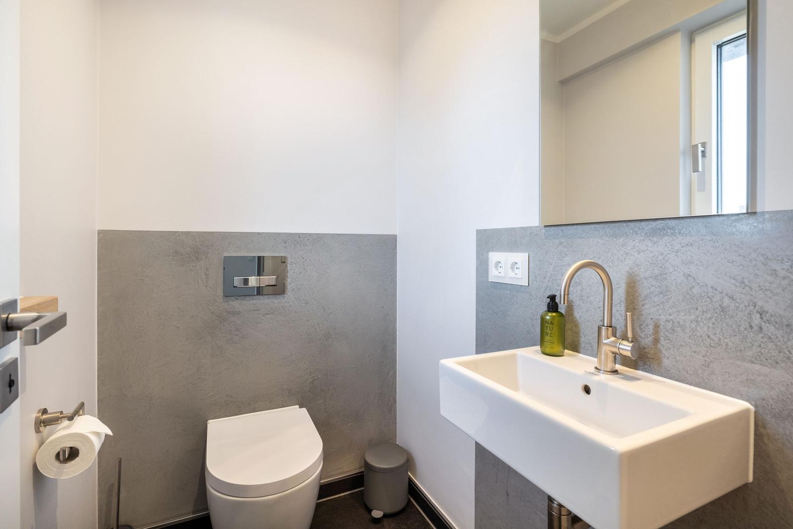 Bathroom with toilet, sink, and mirror