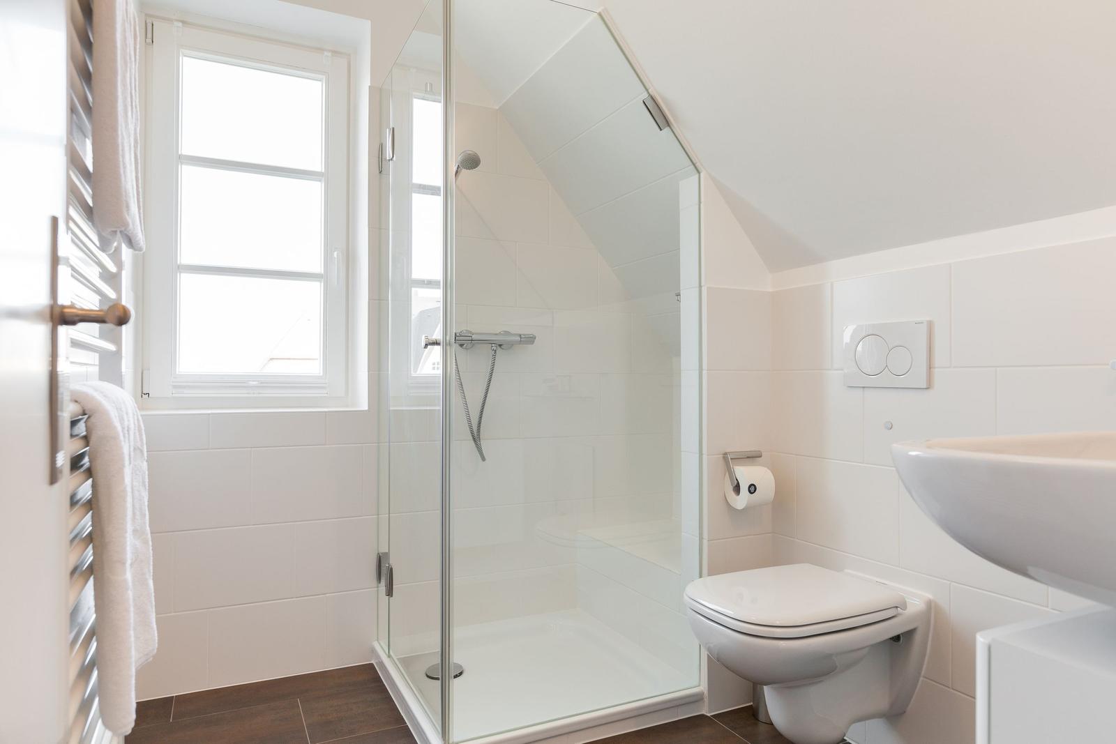 Shower area with glass enclosure, toilet, and sink in white bathroom fittings.