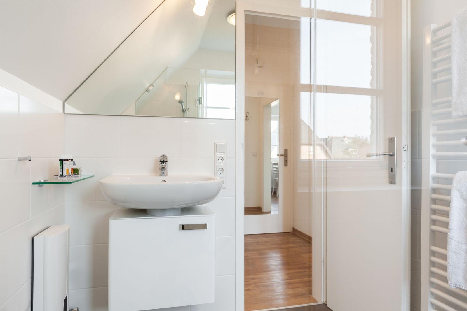 Bathroom with sink, mirror, and shower. Passage to the apartment.