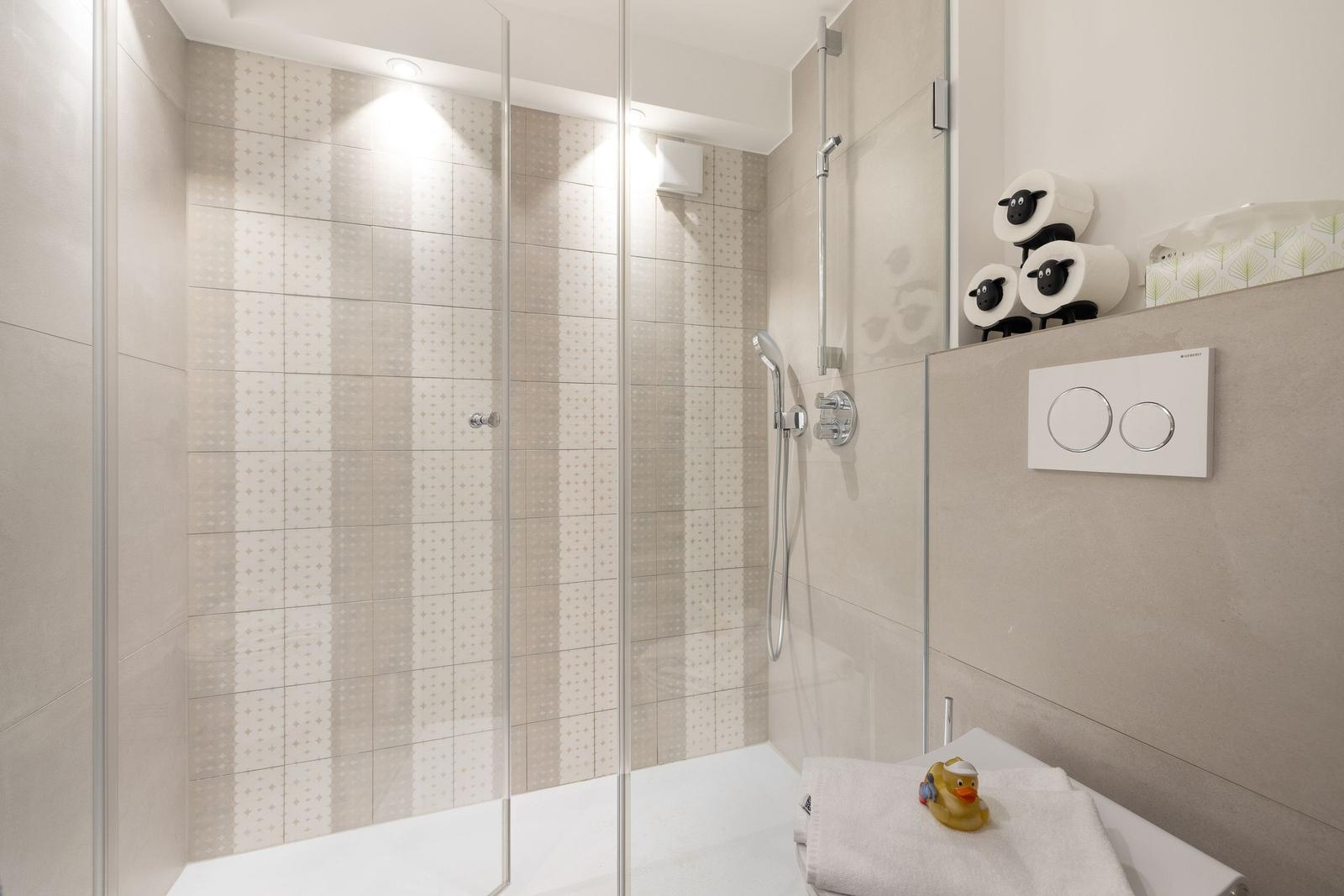 Shower with glass enclosure, shower head, and toilet paper holder