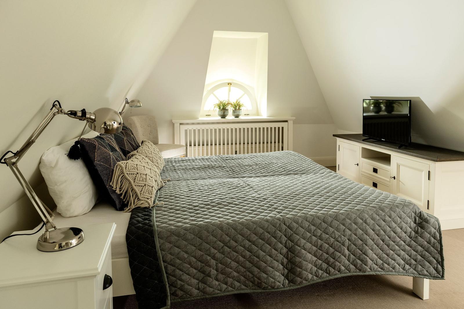 Schlafzimmer mit Dachschrägen, Bett, Nachttisch, Fernseher und Fenster mit Pflanzen.