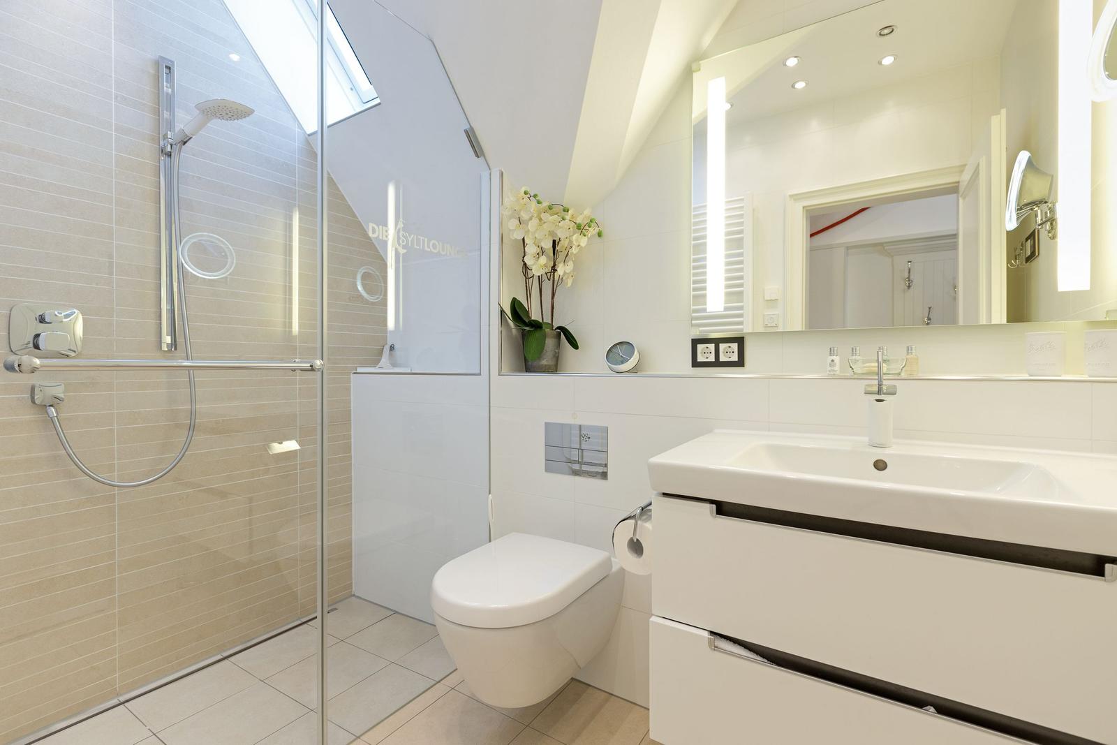 Bathroom with shower, toilet, and sink