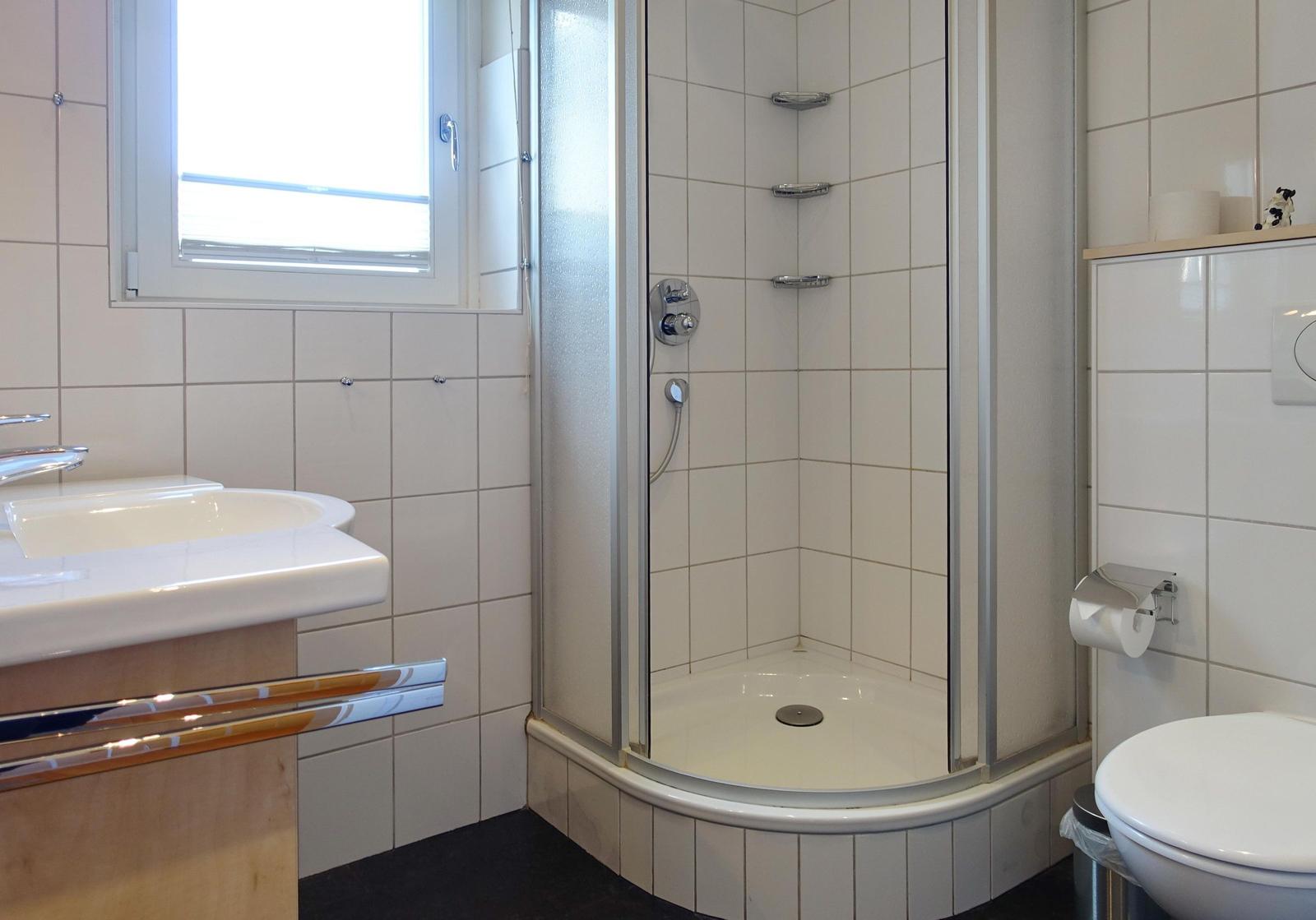 Badezimmer mit Dusche, Waschbecken und Toilette. Fenster sorgt für Tageslicht.