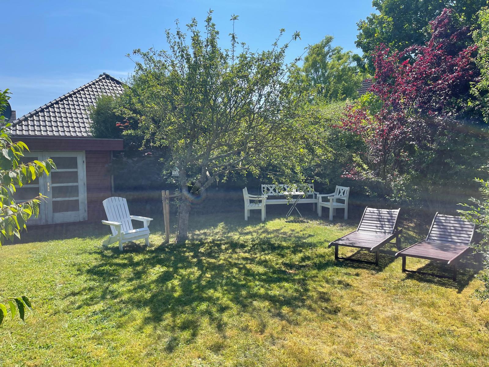 Blick in den Garten mit Holzgartenmöbeln
