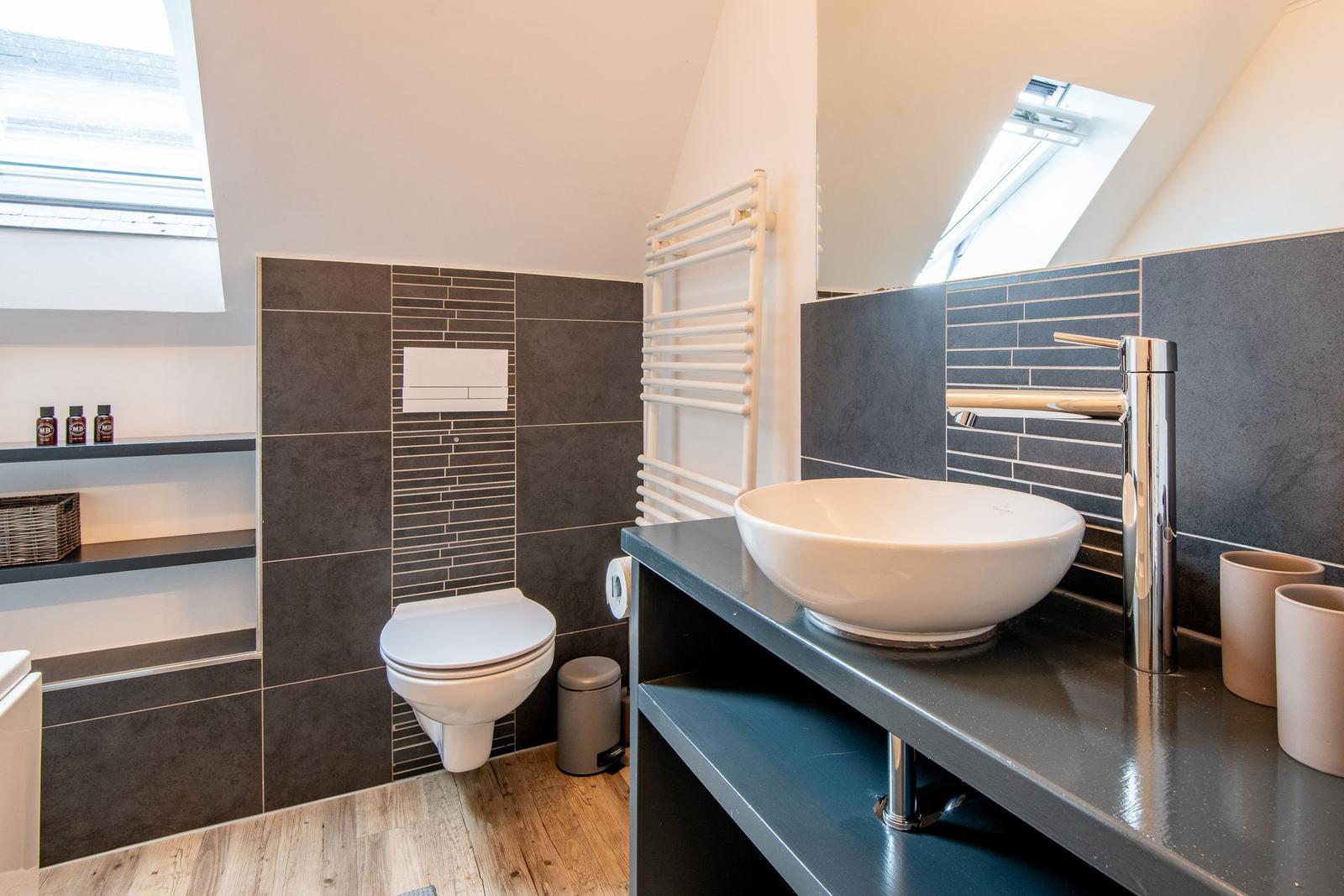 Bathroom with sink, toilet and shower