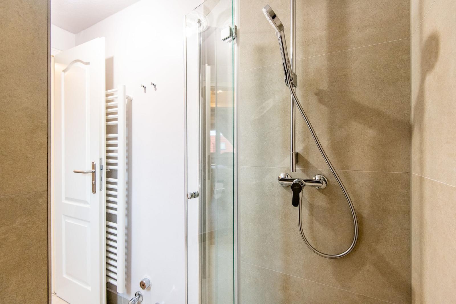Shower with glass enclosure and handheld shower. White door and heater visible.