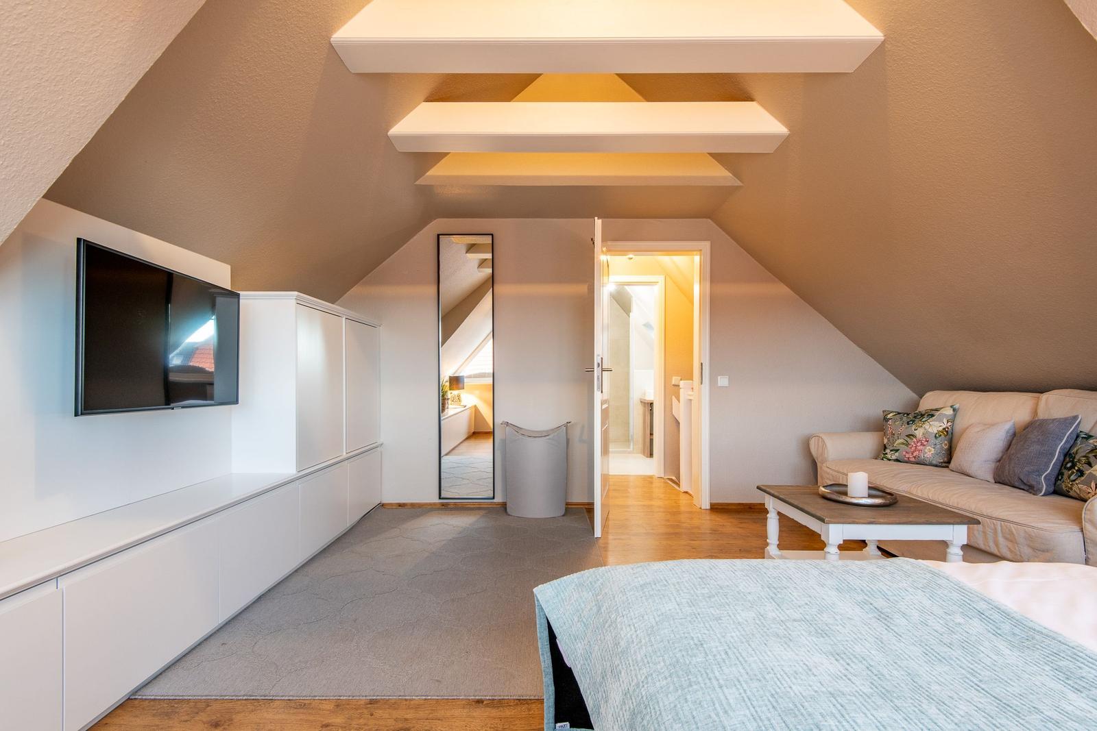 Bedroom with sloped ceiling, sofa, TV, and sleeping area.