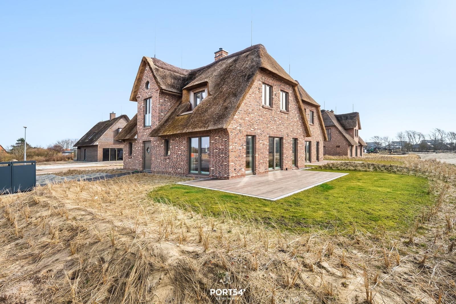 Modern house with thatched roof and wooden terrace outdoors