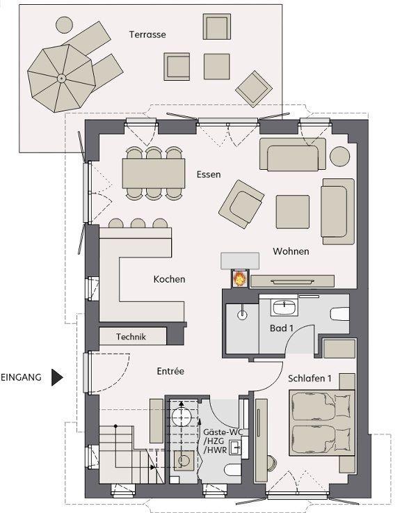 Apartment with kitchen, dining area, living room, bedroom, and bathroom.