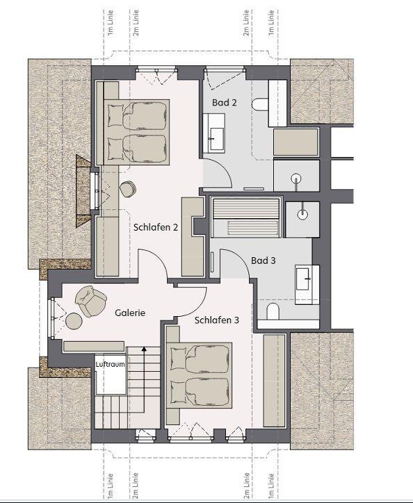 This house has three bedrooms, two bathrooms, and a gallery.