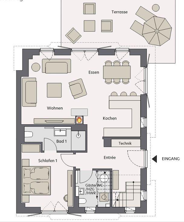 Wohnung mit Küche, Essbereich, Schlafzimmer und Bad. Terrasse mit Sonnenschirm.