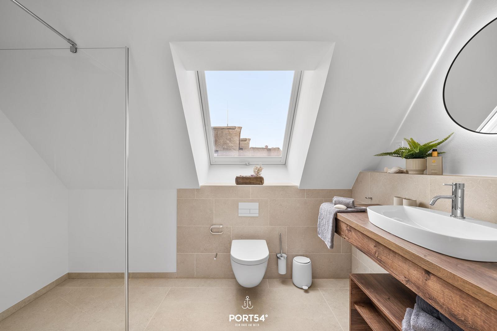 Bathroom with shower, toilet, and sink under skylight.