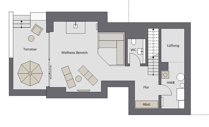 Apartment with wellness area, terrace, WC, and ventilation. Hall and storage room included.