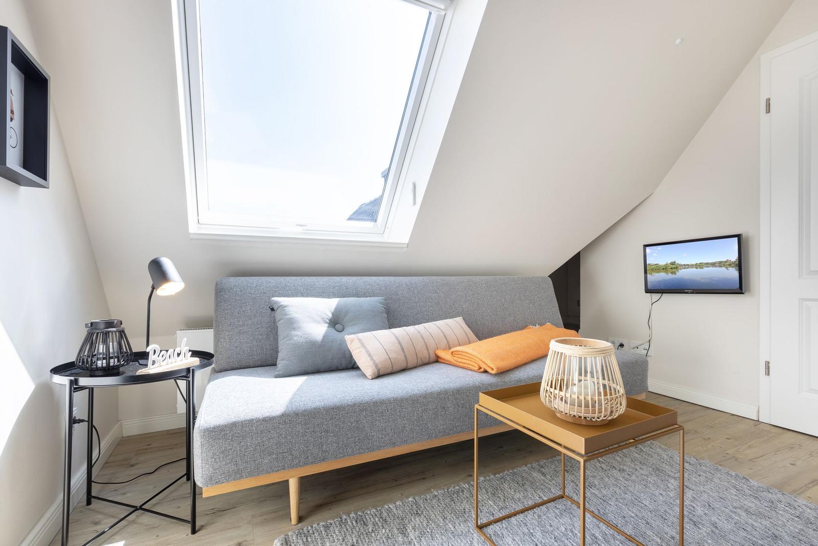 Attic room with sofa bed, skylight, and wall-mounted TV.