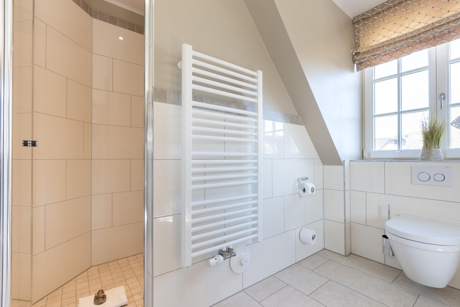 Bathroom with shower, heater, and toilet under sloped ceiling.
