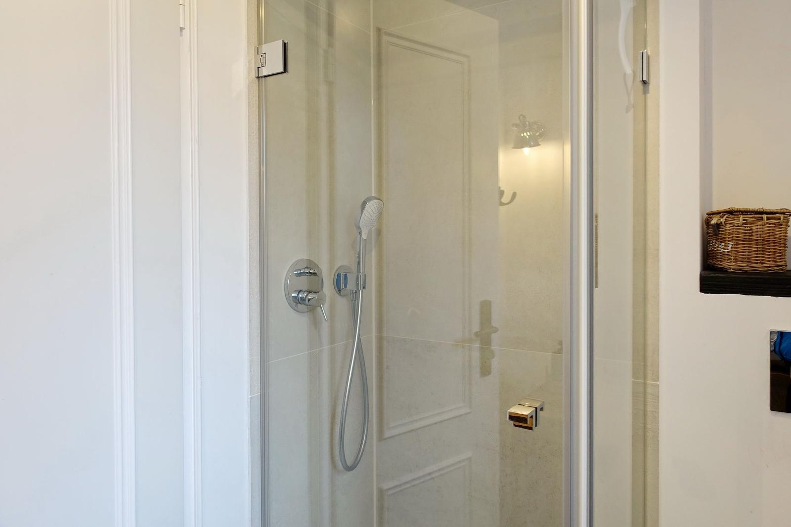 Shower cabin with glass door and handheld shower