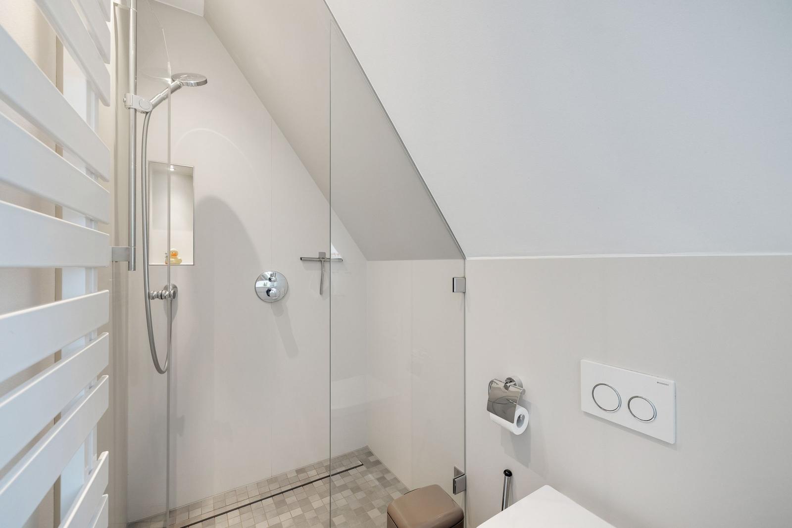 Dusche mit Glaswand, Toilette und Heizung im Dachbodenbad.