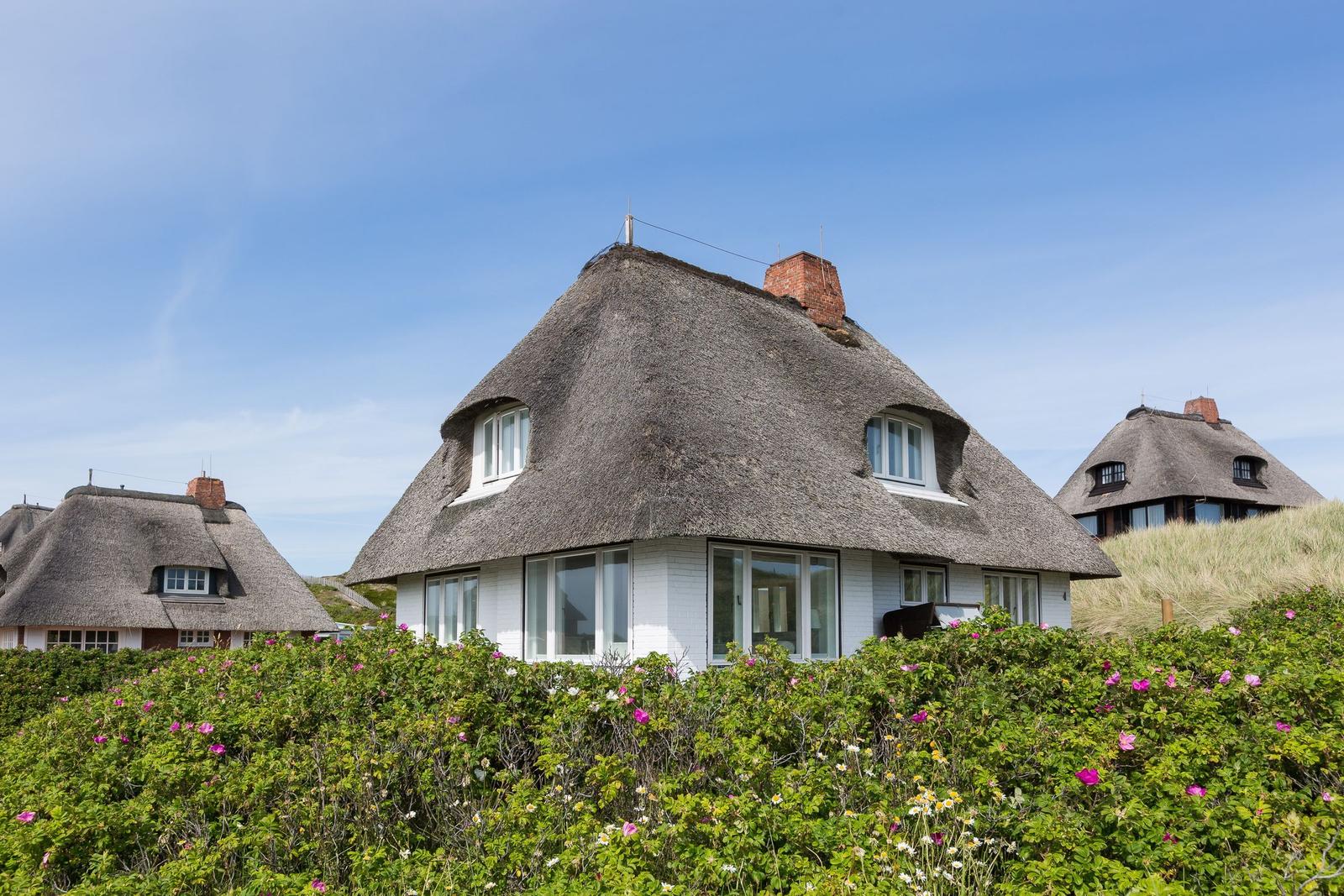Dorfhaus mit Strohdach und weißen Wänden. Blumenbeet im Vordergrund.