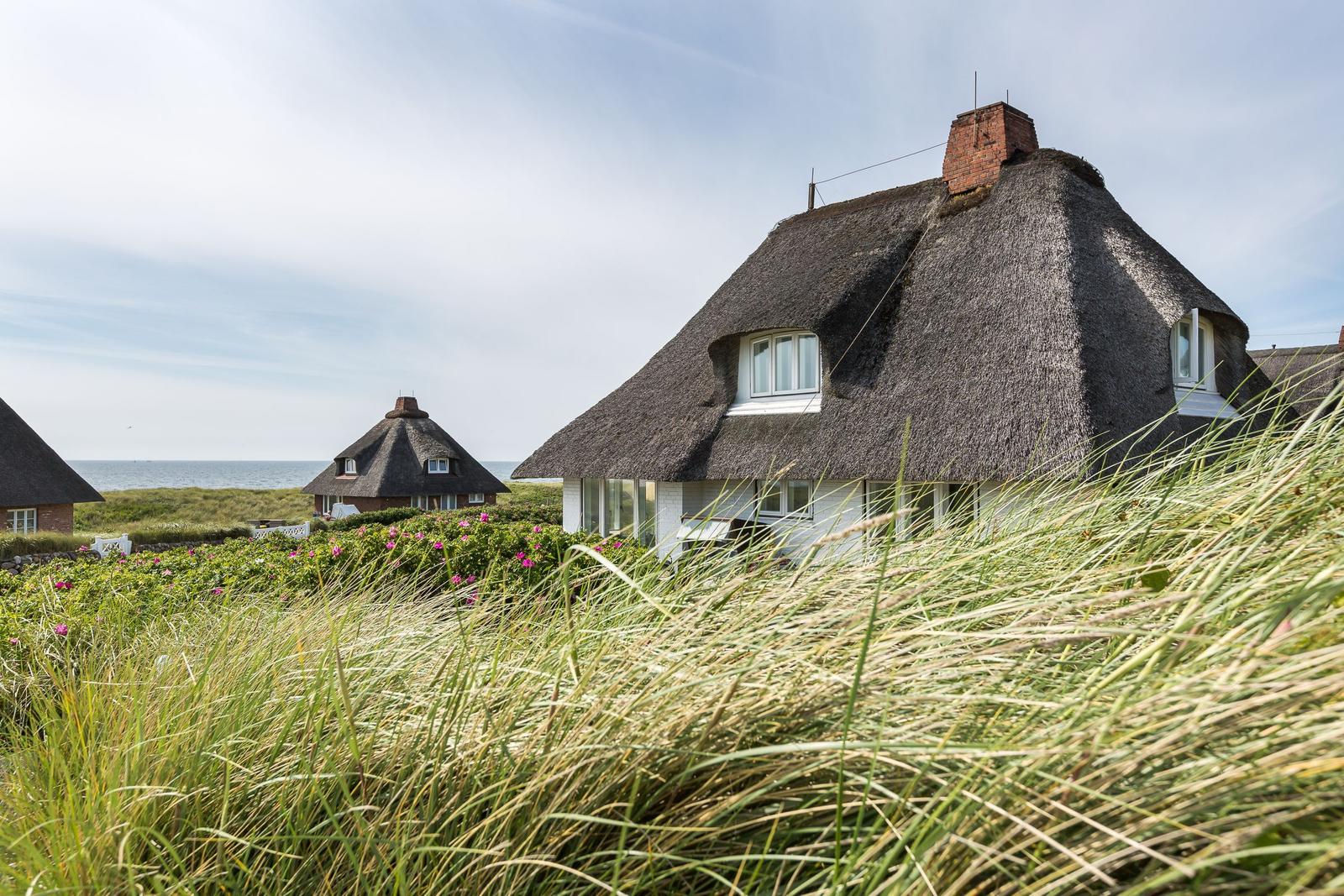 Haus mit Strohdach, Blick aufs Meer und hohe Gräser im Vordergrund.