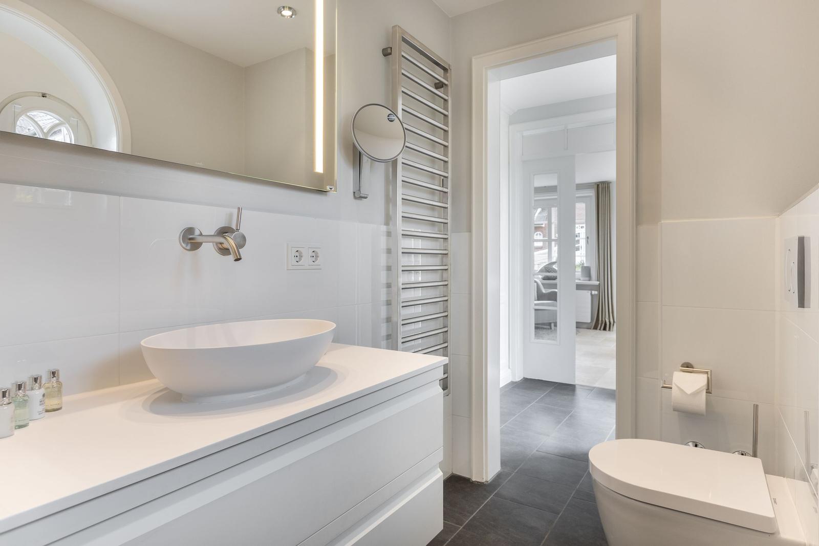 Bathroom with sink, mirror, and toilet. Corridor to living area.