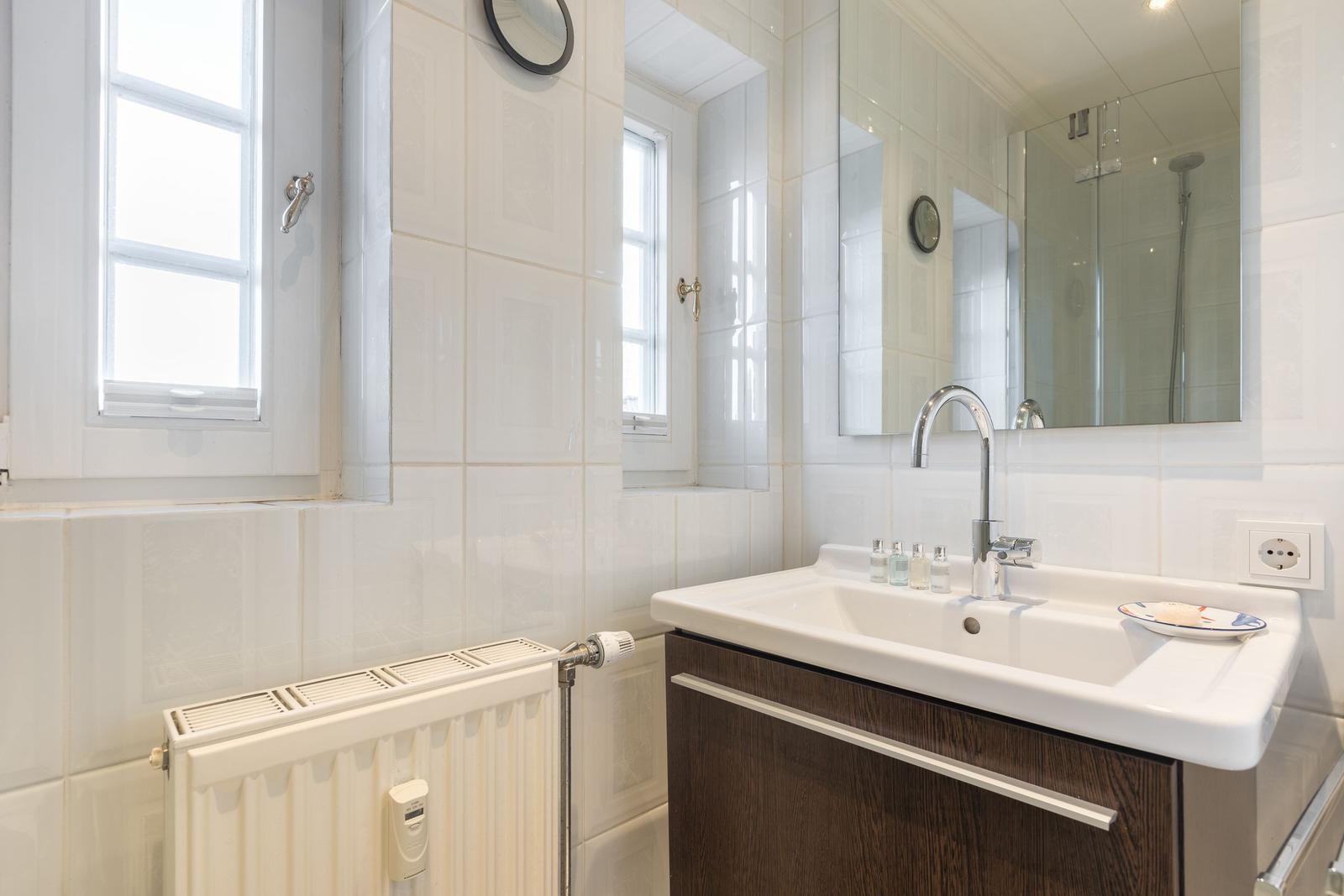 Bathroom with sink, mirror, and window. Shower in the background.