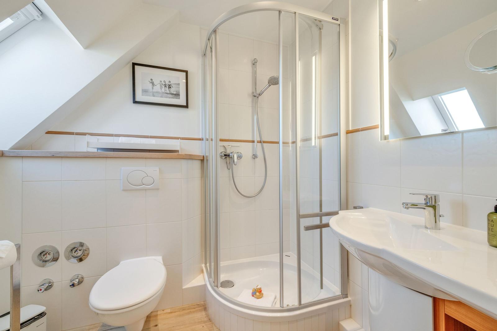 Bathroom with shower, sink and toilet under sloped ceiling.