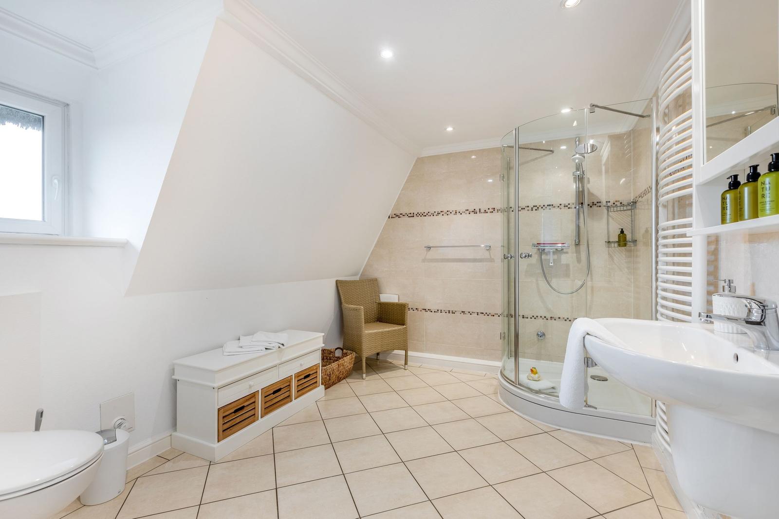 Bathroom with shower, sink and toilet under sloped ceiling.
