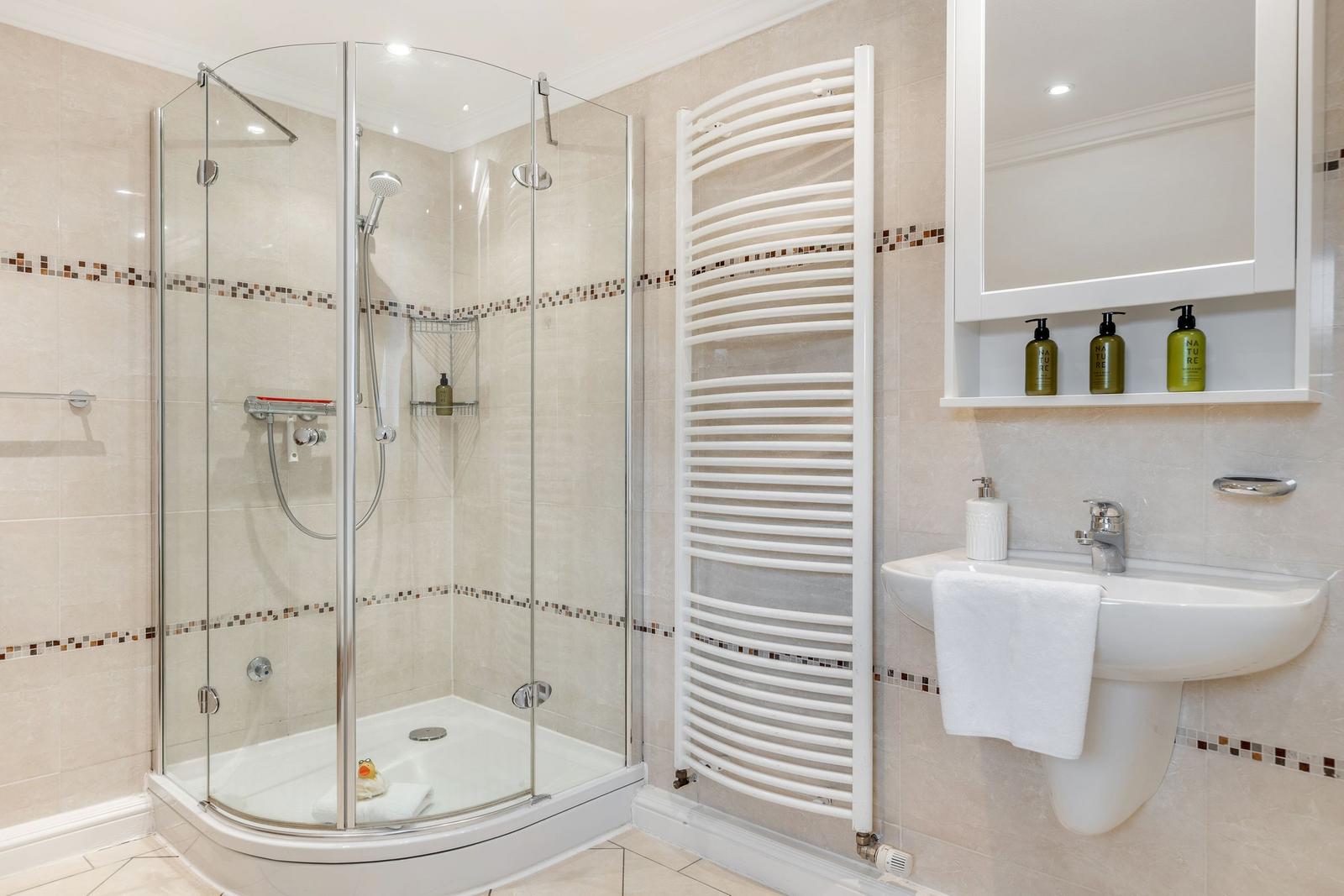 Shower enclosure with glass, handheld shower, heater, and sink with mirror.