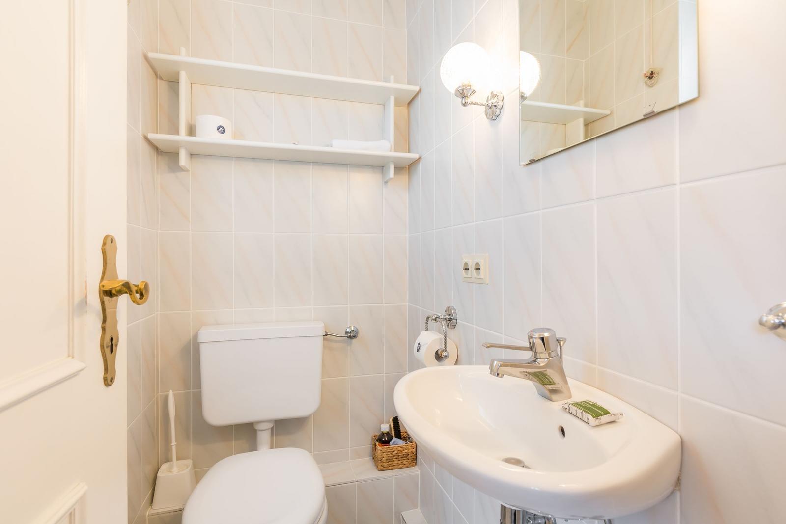 Bathroom with toilet, sink, and mirror