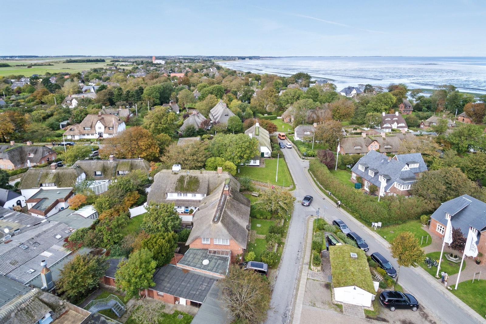 Village with thatched houses and view of the North Sea.