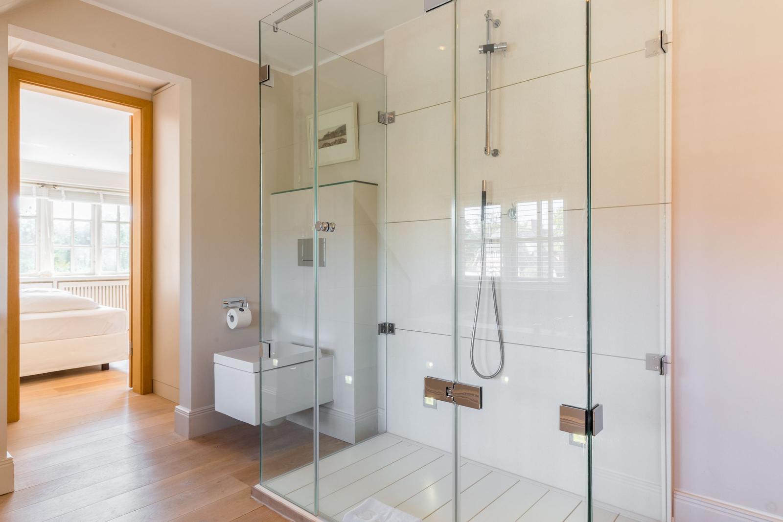 Shower with glass enclosure, toilet, view into bedroom