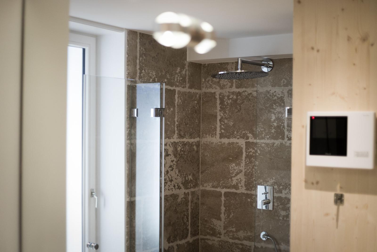 Dusche mit Glaswand und Steinwand im Badezimmer