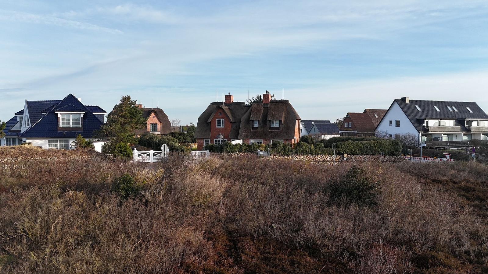 Häuser mit Strohdächern und modernen Gebäuden in einer Heide