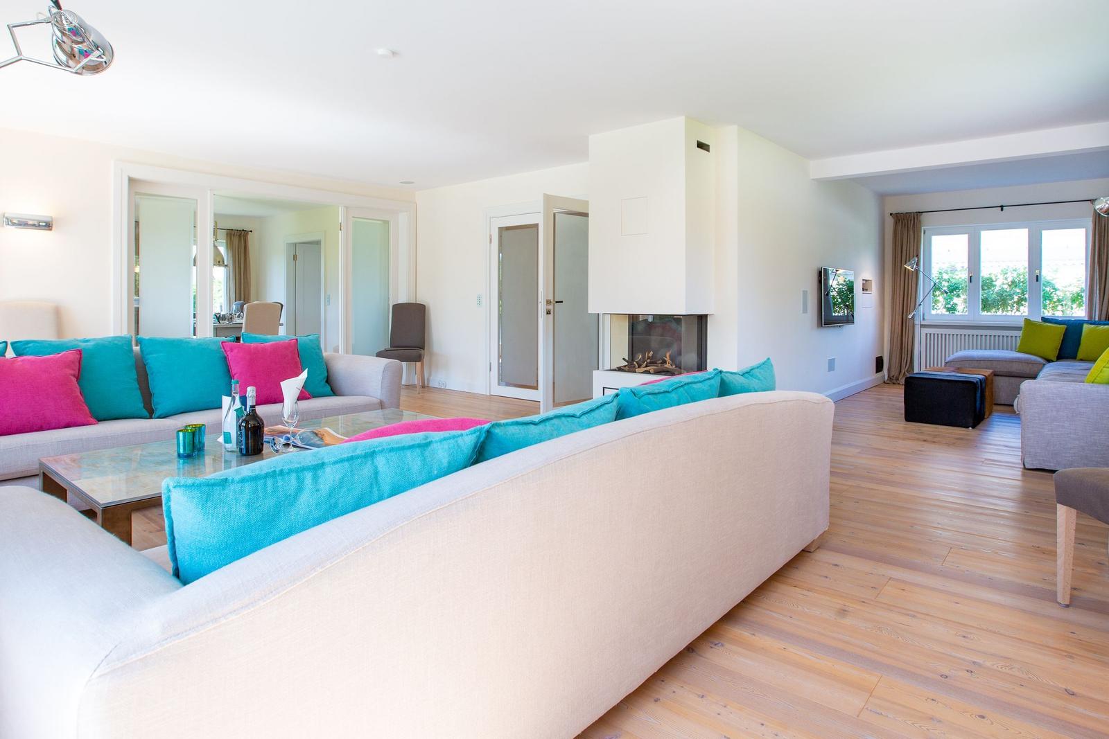 Living room with sofa, fireplace, and wooden floor.