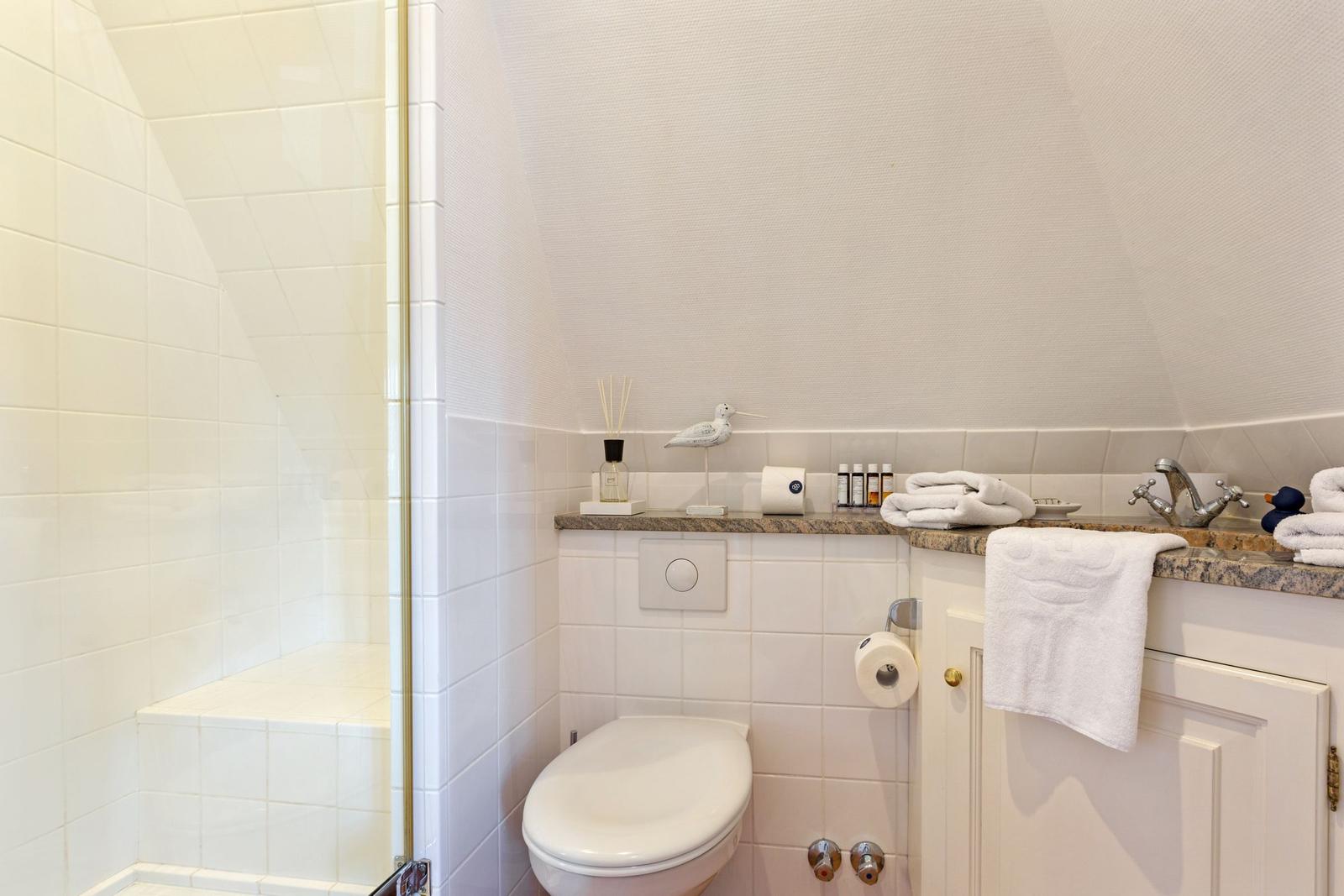 Badezimmer mit Dusche, Toilette und Waschbecken mit Handtuch