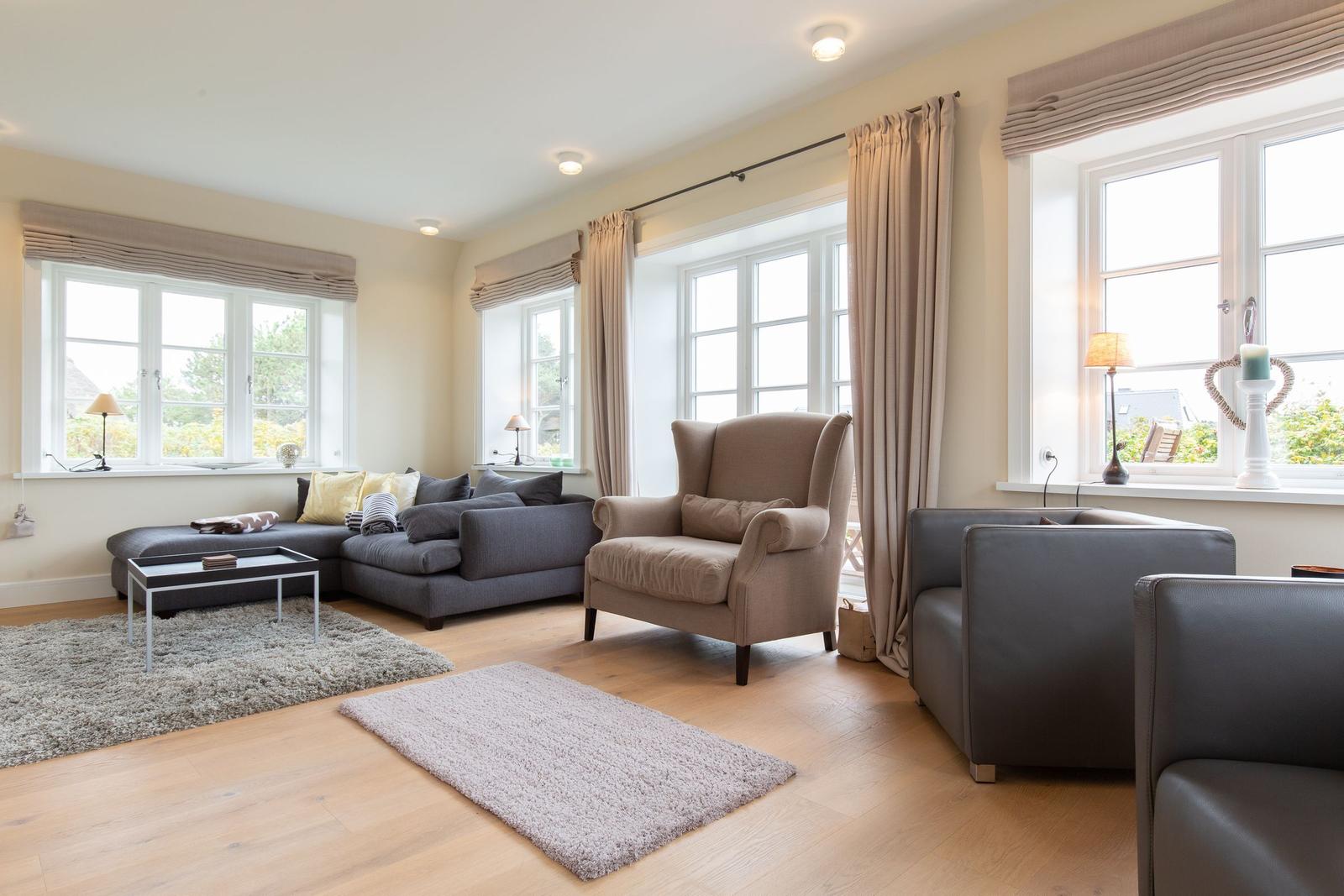 Wohnzimmer mit Sofa, Sessel und Fenstern. Holzboden und Teppiche.
