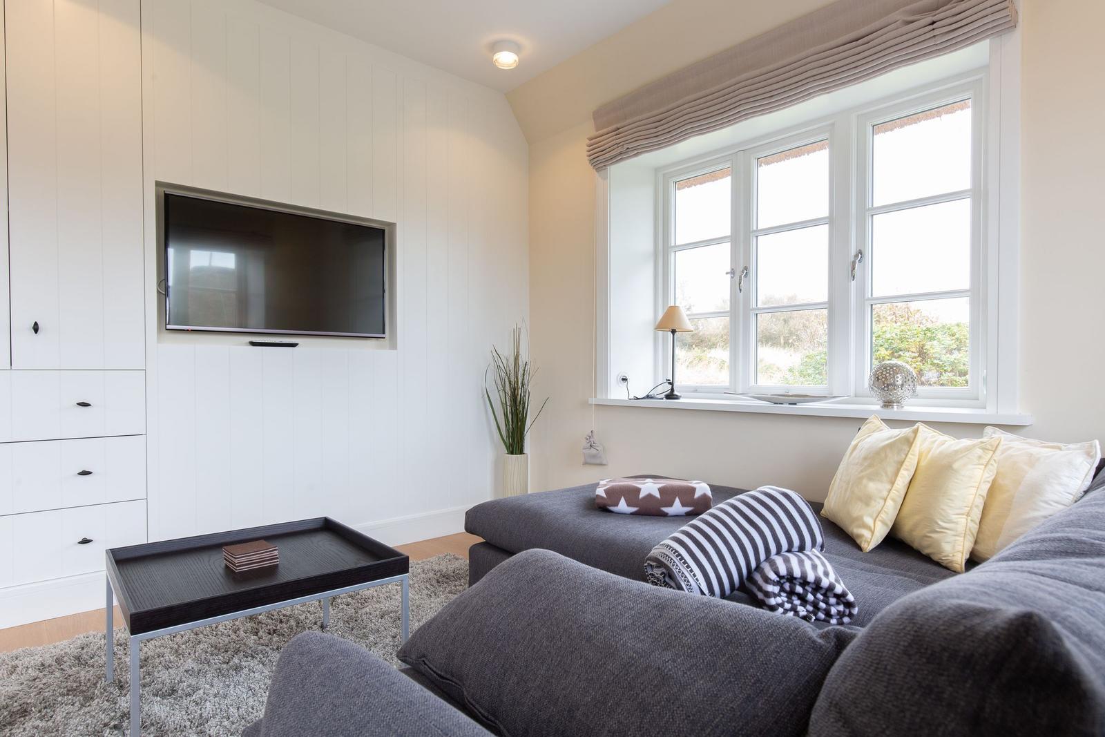 Wohnzimmer mit Sofa, Fernseher und Fenster mit Blick auf Grünflächen.