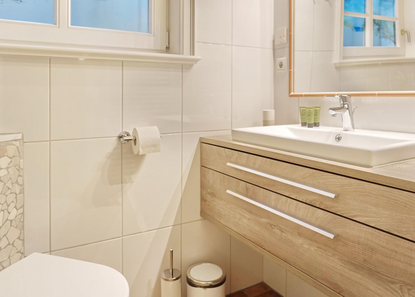 Bathroom with sink, mirror, and toilet. Wooden cabinet and toilet paper holder visible.