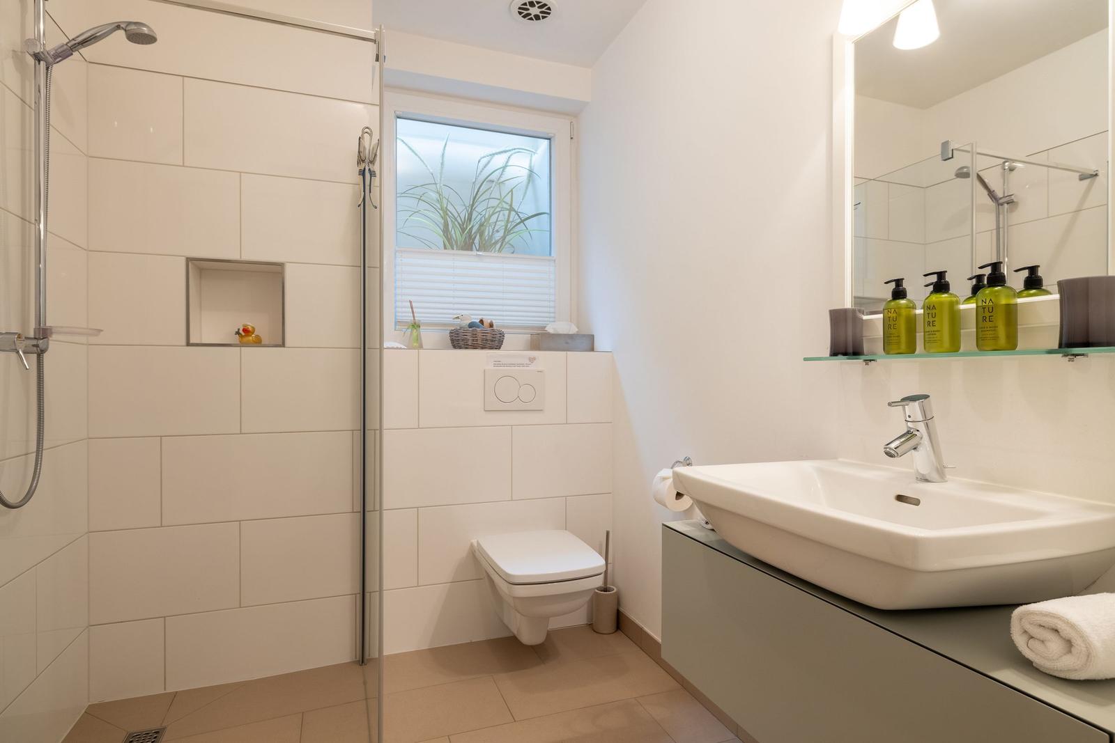 Bathroom with shower, sink and toilet. Window with plant.