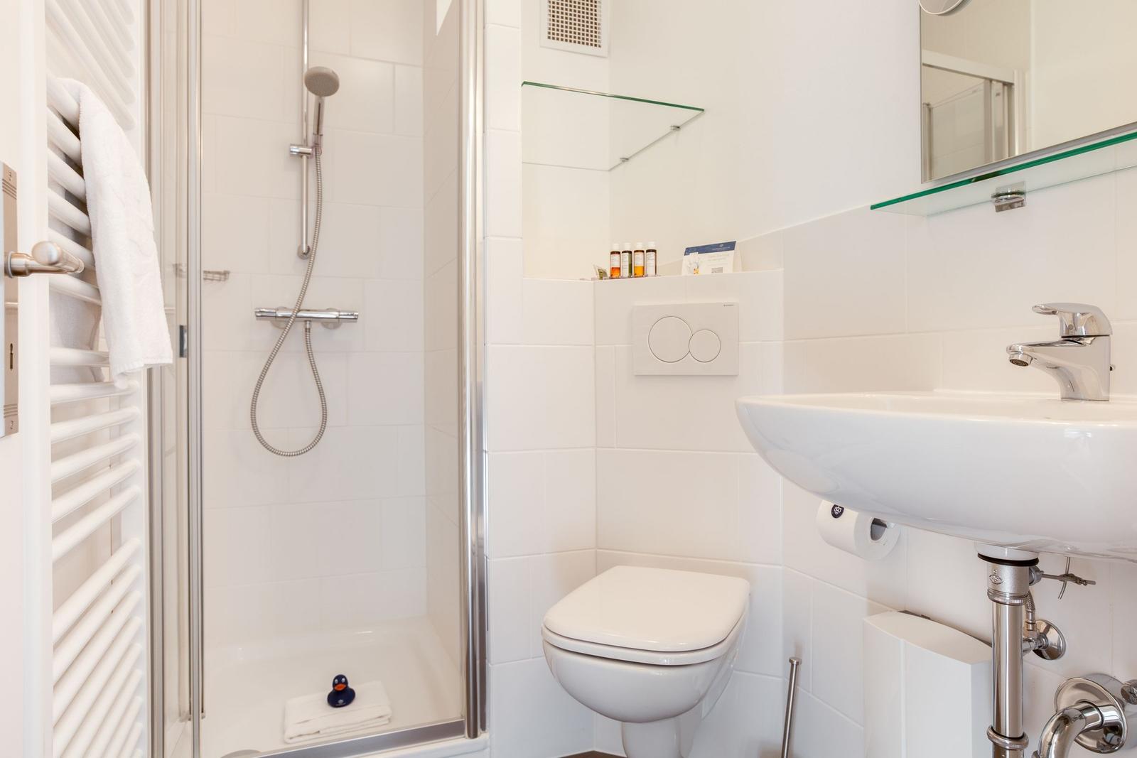 Dusche mit Handbrause, Toilette und Waschbecken mit Spiegel.