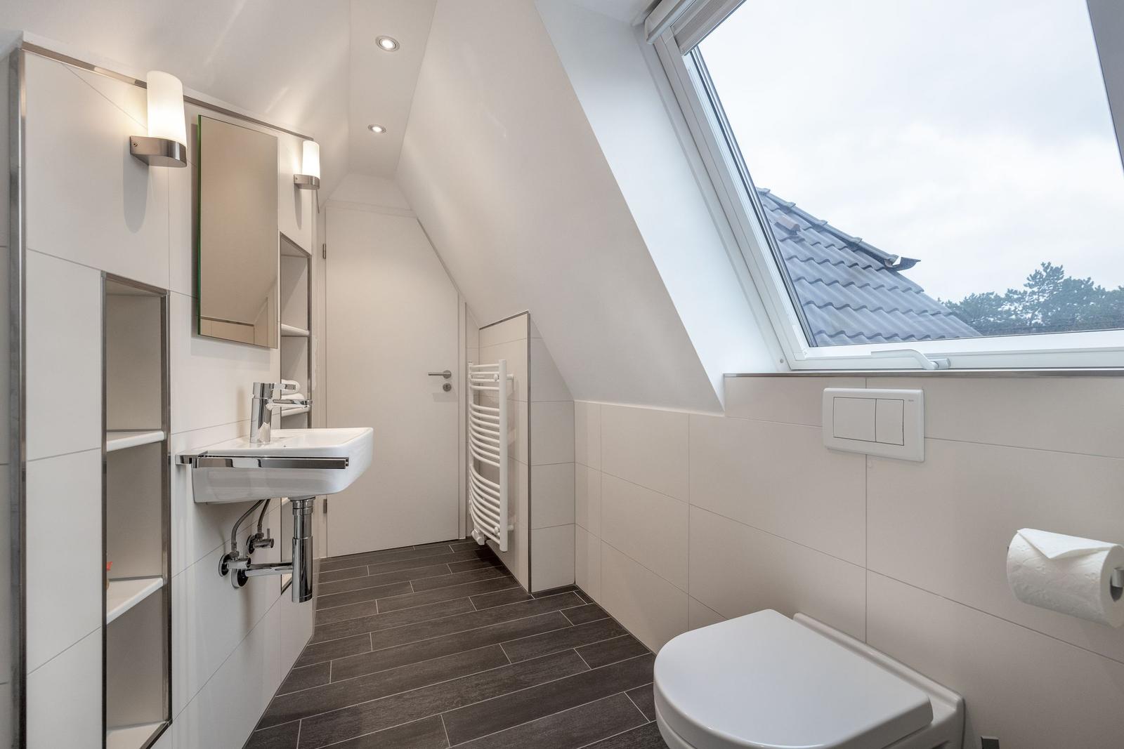 Bathroom with shower, sink and toilet under sloped roof
