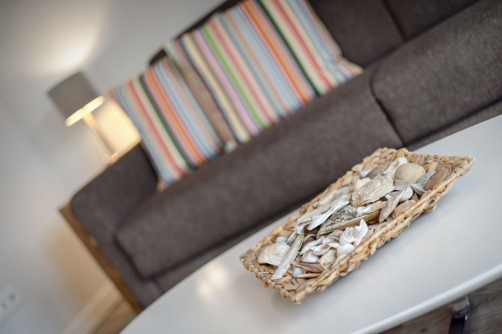 A gray sofa with colorful cushion and shell tray on table.